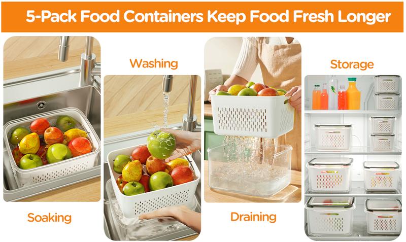 5-Pack Fruit Frige Organizers and storage-Stackable Fruit Storage Containers for Fridge with Removable Colanders 4 in 1 with Lids for Salad Berry Meat