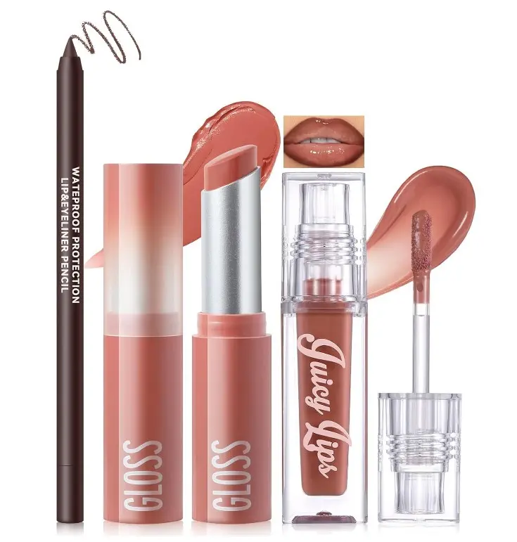 Noerrors 3Pcs Lip Combo Set, Lip Kit with Brown Plumping Lip Liner & Nourishing Lipstick & Nude Glossy Lip Gloss, Long-Lasting, Lightweight, Non-Sticky, Juicy Nude Pink Lip Contour Trio Set for Women