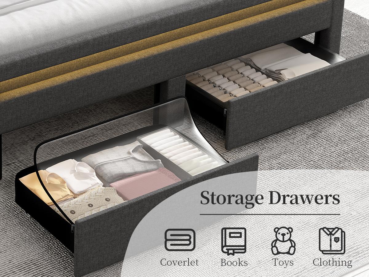 California King Bed Frame with Bookcase Storage Headboard and 2 Drawers, 52" Ultra-High LED Bedframe with Charging Station, Linen Upholstered Crystal Button Tufted Wingback Beds with Footboard,Black/White/Cream/Gray California King Bed Frame with Bookcase Storage Headboard and 2 Drawers, 52" Ultra-High LED Bedframe with Charging Station, Linen Upholstered Crystal Button Tufted Wingback Beds with Footboard,Black/White/Cream/Gray