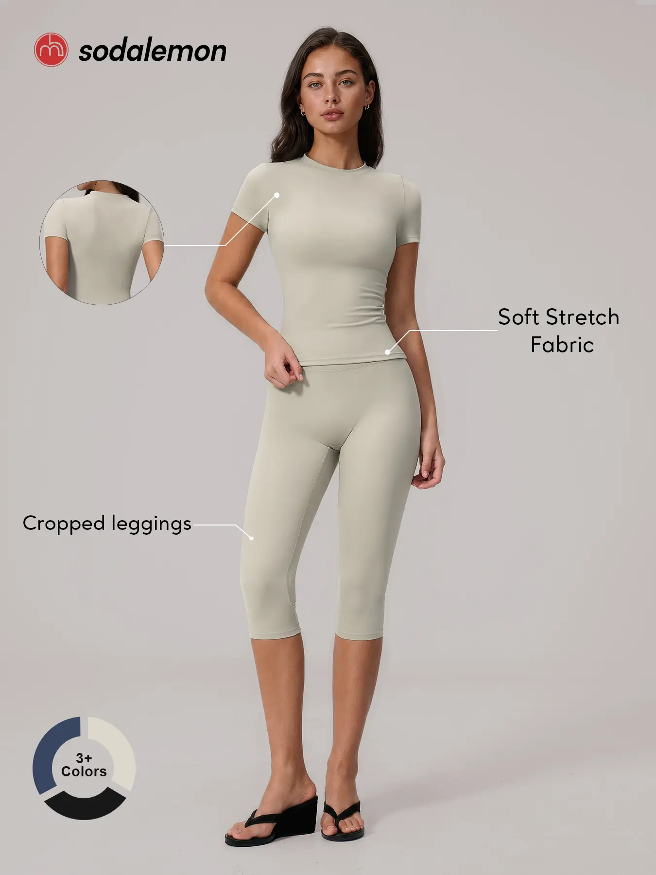 Sodalemon Women’s 2-Piece Activewear Set, Short Sleeve Fitted Tee & High Waisted Capri Leggings with Cropped Legs, Soft Stretch Outfit for Yoga, Gym