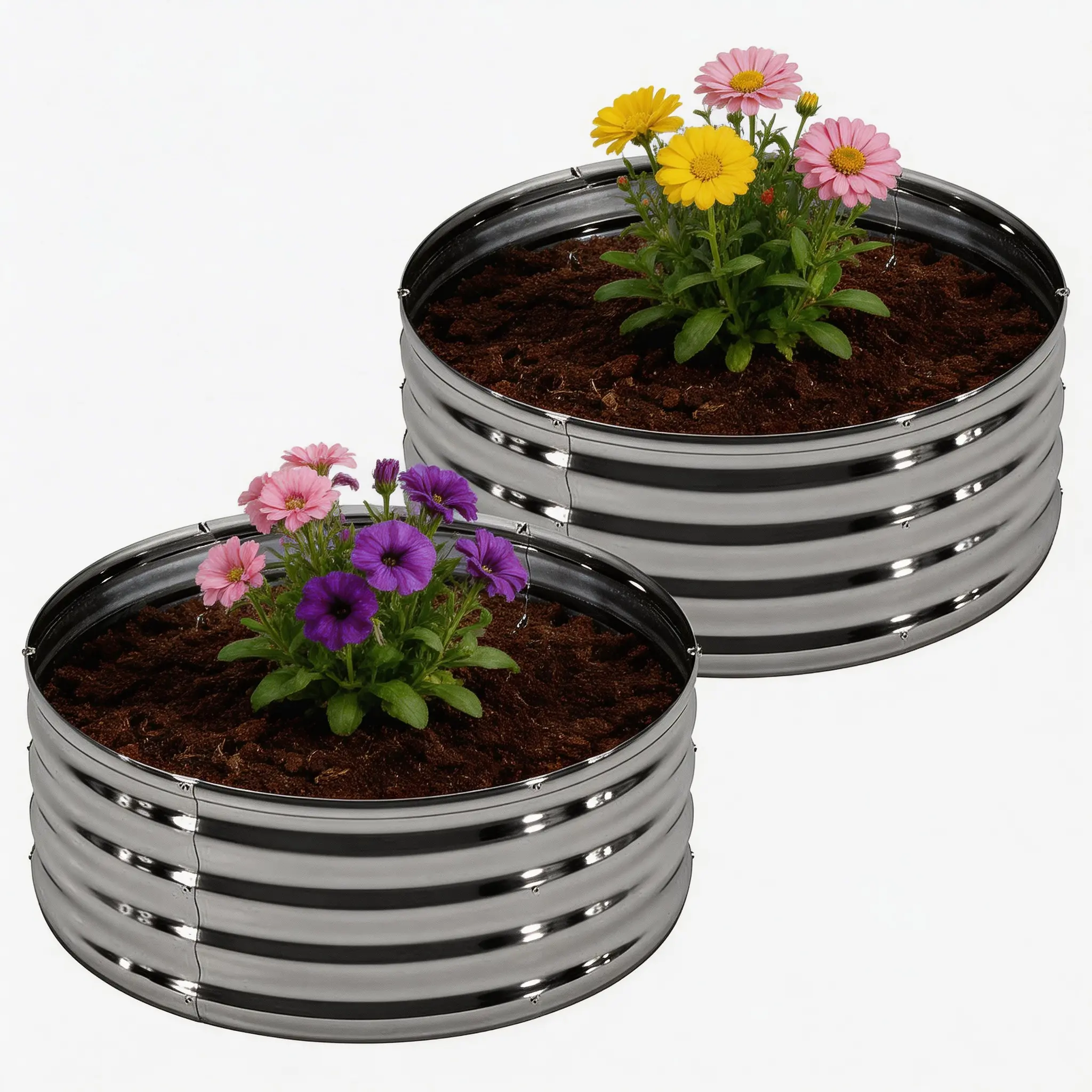 Galvanized Steel Raised Garden Bed Kit (2-Pack), 24"l x 24"w x 1 ft Depth Round Metal Planter Box, Corrosion-Resistant for Container Gardening Vegetables Herbs Flowers, Outdoor Flower Pots & Planters (Silver)