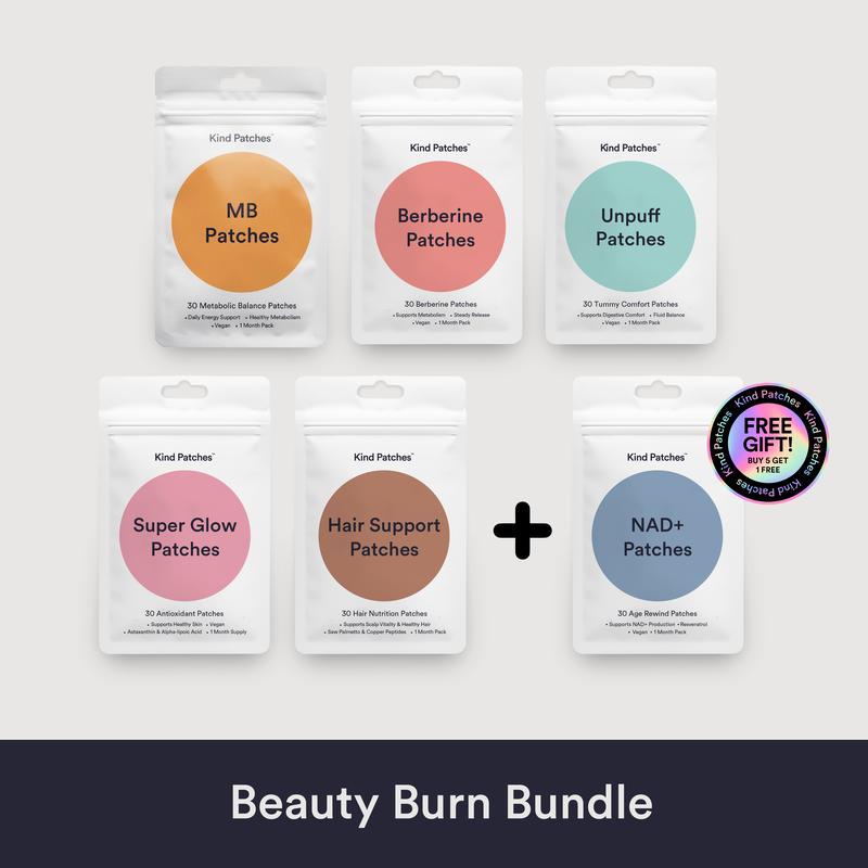 Kind Patches Beauty Burn Bundle: 30 MB + 30 Berberine + 30 Unpuff + 30 Super Glow + 30 Hair Support + 30 NAD+ Pacthes, Metabolic Balance & Digestive Health, Beauty Vitality & NAD+ Production Support, Natural Ingredients