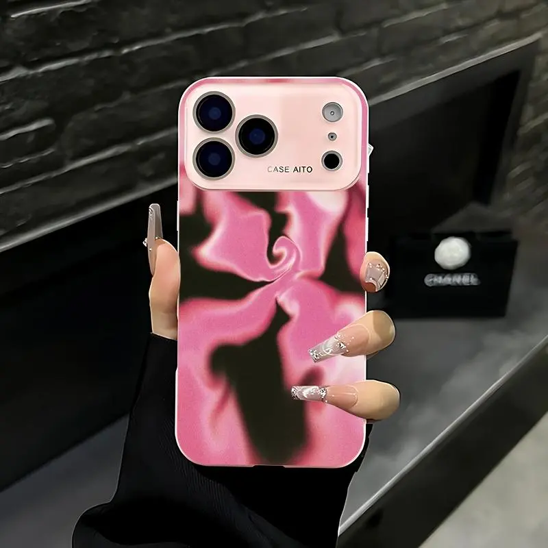 Pink and black fluid gradient pattern phone case. Compatible with iPhone 17 Pro Max, 16 Pro Max, 15 Pro Max, and 14 Pro Max. Includes lens protection. Also compatible with iPhone 15, 14, 13, and 12. Made of skin-friendly TPU material.