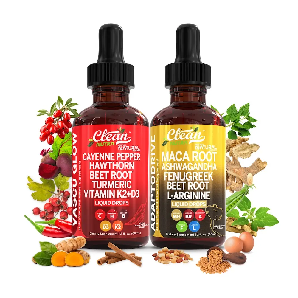 Clean Nutra Cardio Vitality Duo | Cayenne Pepper, Beet Root, Maca Root, Ashwagandha & More for Heart & Circulation Support Liquid Drops [Vascu Glow & Adapto Drive]