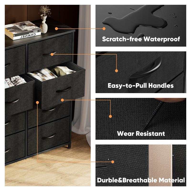 Dresser for Bedroom with 8 Fabric Drawers, Tall Chest Organizer Units for Clothing, Closet, Kidsroom, Storage Tower with Cabinet, Metal Frame, Wooden Top, Lightweight Nursery Furniture