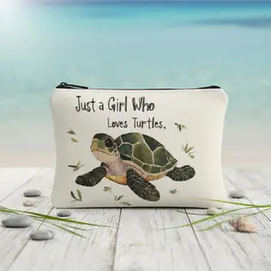 Turtle Gifts for Women Girls, "Just a Girl Who Loves Turtles" Makeup Bag, Canvas Travel Cosmetic Bag, Small Zipper Pouch Toiletry Organizer, Cute Sea Turtle Lover Birthday Gifts for Her