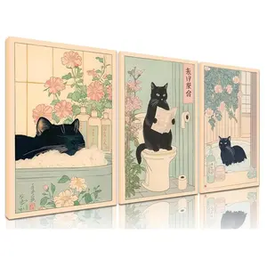 A set of three fun bathroom canvas wall art pieces, featuring cute Japanese-style black cats, perfect for bedrooms, bathrooms, and home decor. Features vintage-style prints, pop culture, and movie elements.
