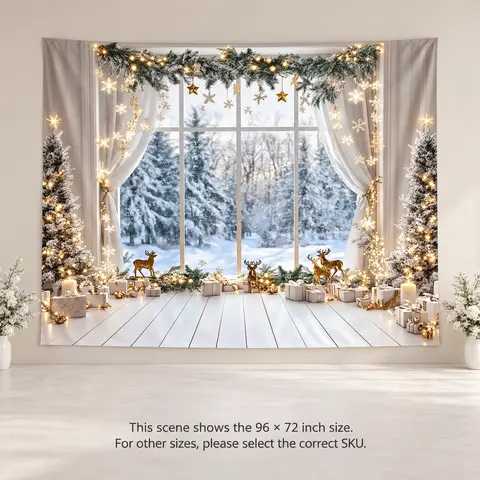 Christmas Snowy Window Backdrop with Gold Deer - White Winter Polyester Photo Banner