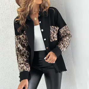Women‘s Contrast Leopard Sequin Patchwork Long Sleeve Jacket Top Button Front Raw Hem Shacket