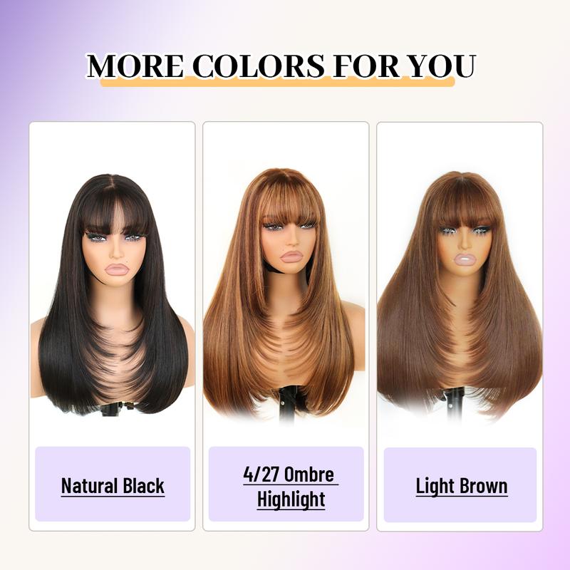 [Blend] Straight Layered Wigs with Bangs 6x4 Lace Front Wig Wear and Go Glueless Pre Style Realistic Look with True Scalp Tiny Knots 220% Density