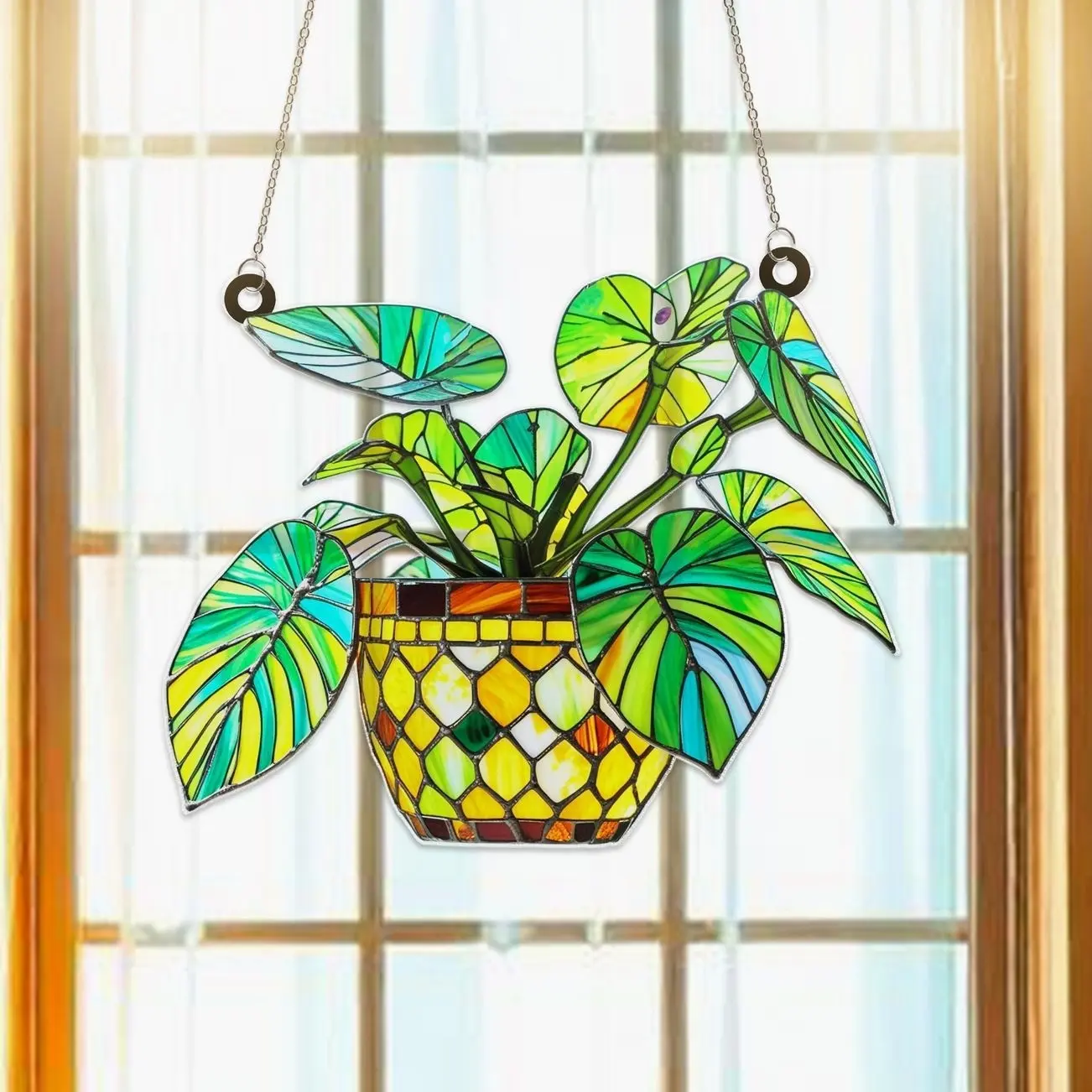 Monstera Leaves Acrylic Suncatcher - Colorful Light Hangable Metal Window Hanging Decor, Custom Shape Ornament, Home Garden Gift