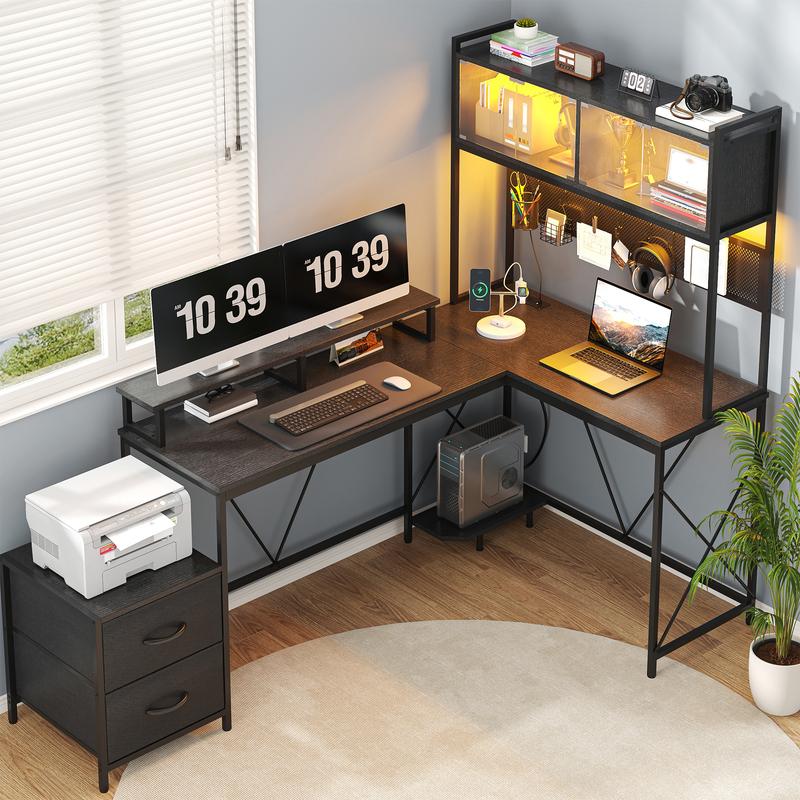 Kepptory L Shaped Gaming Desk, Home Office Computer Desk with Raised Display Stand, 2 Drawers and Glass Cabinets with LED Lights, Corner Desk with Storage Shelves, Power Outlet, Black