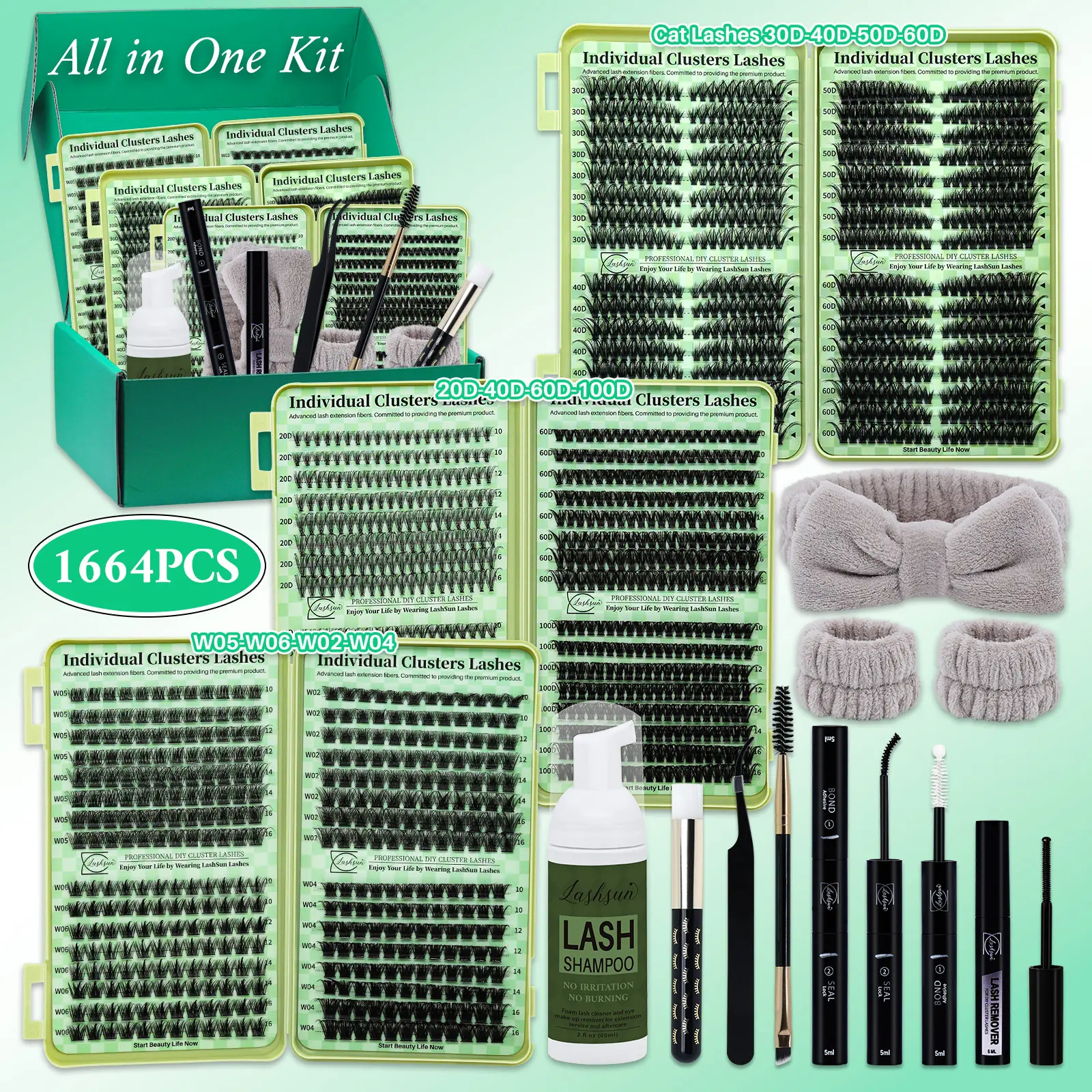 1664pcs/set D Curl Individual Cluster Lash Clusters Kit, 12 Styles Cat-Eye & Volume Lashes Book with Bond and Seal, Lash Remover, Brush, Applicator, Headband, Wristband & Lash Shampoo, Perfect for Beginners & Professionals, DIY Eyelashes Kit Extensions