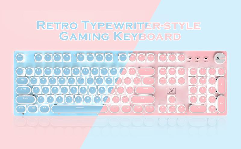 ATTACK SHARK×XINMENG X9 Typewriter Keyboard and Mouse, Retro Vintage Mechanical Gaming Keyboard with White LED Backlit,104 Keys Anti-Ghosting Blue Switch Wired Cute Keyboard, Round Keycaps for Desktop PC/Laptop Mac
