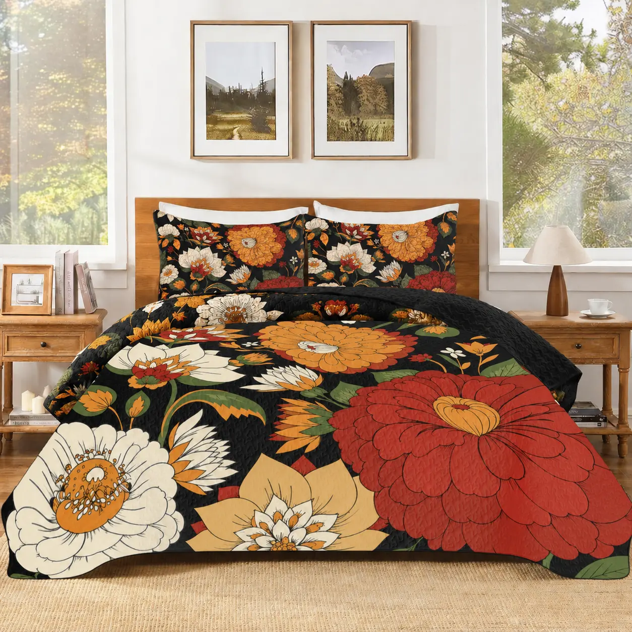 King（106in*96in) 3 Piece Boho Floral Quilt Sets Farmhouse Botanical Reversible Lightweight Bedspread Coverlet with 2 Shams Mid Century Leaves Microfiber Bedding Quilts Set for All Season summerwins gift comforter