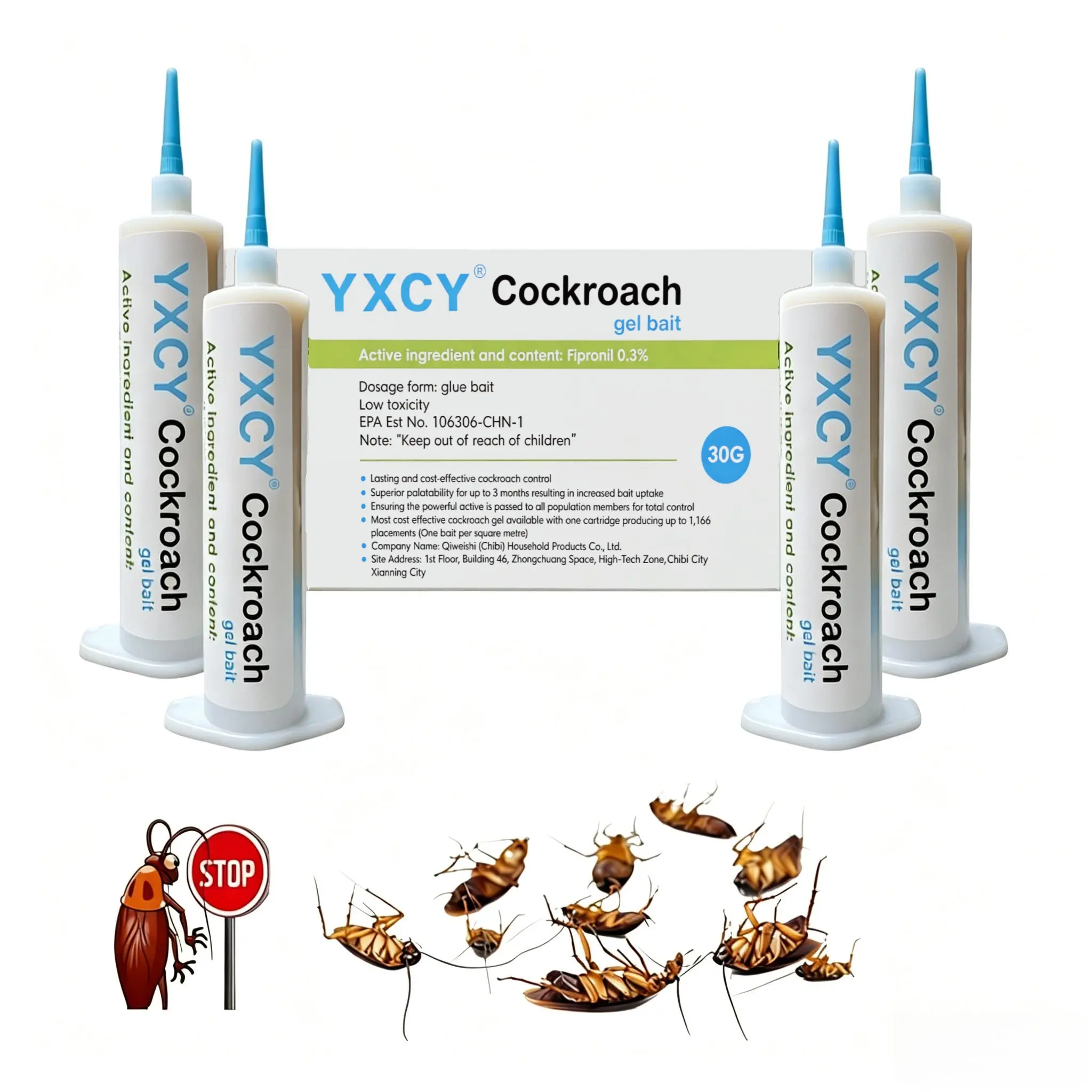 YXCY Fipronil-Based Metaactive Cockroach Gel Bait Killer (4 Tubes x 30g, 1 Plunger, 2 Tips, 1 Box) - 40 Roach Transfer, 36 Months Shelf Life, Indoor/Outdoor Cracks/Crevices Use for German, American Cockroaches