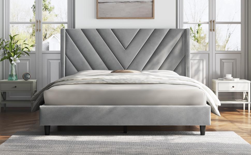 Yaheetech Upholstered Bed Frame Full/Queen with Wooden Slat Support, No Box Spring Needed, Durable Construction, Easy Assembly Diamond Tufted Headboard