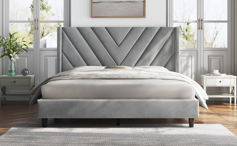 【Valentine Gift】Yaheetech Upholstered Bed Frame Full/Queen with Wooden Slat Support, No Box Spring Needed, Durable Construction, Easy Assembly Diamond Tufted Headboard