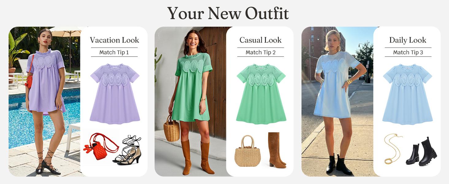 Wenrine Women's Lace Mini Dress Summer Short Sleeve Crewneck Sheer Mesh Casual Loose Ruffle Babydoll Dresses