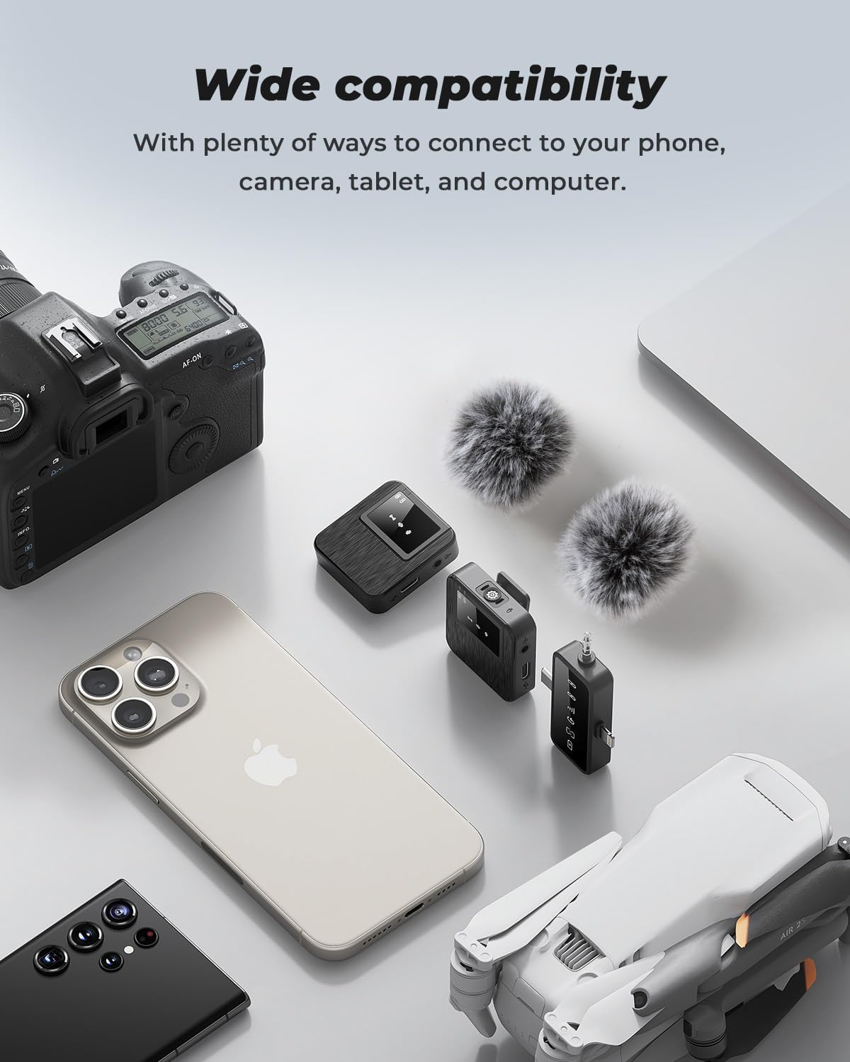 3-in-1 Compact Wireless Microphone for iPhone, Android, Camera: 20H Battery, 328FT Range, Mini Microphone for Video Recording, Noise Canceling for Content Creators, Power Conditioners