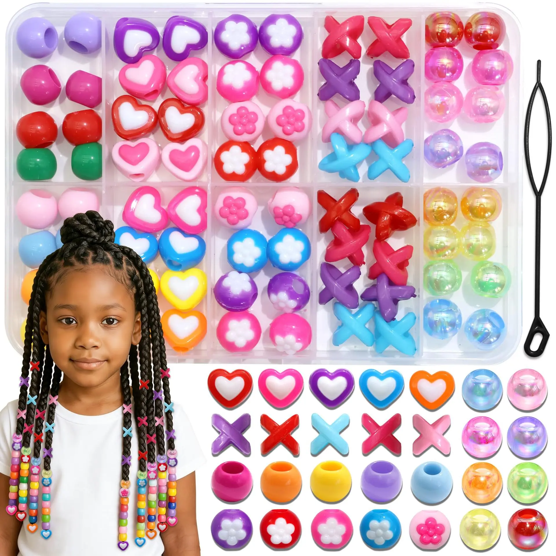 Hair Beads - Colorful Acrylic Large Hole Braid Beads for Box Braids, Cornrows & Dreadlocks Styling, Cute Rainbow Heart & Flower Hair Accessories Gift for Black Girls, Kids & Toddlers