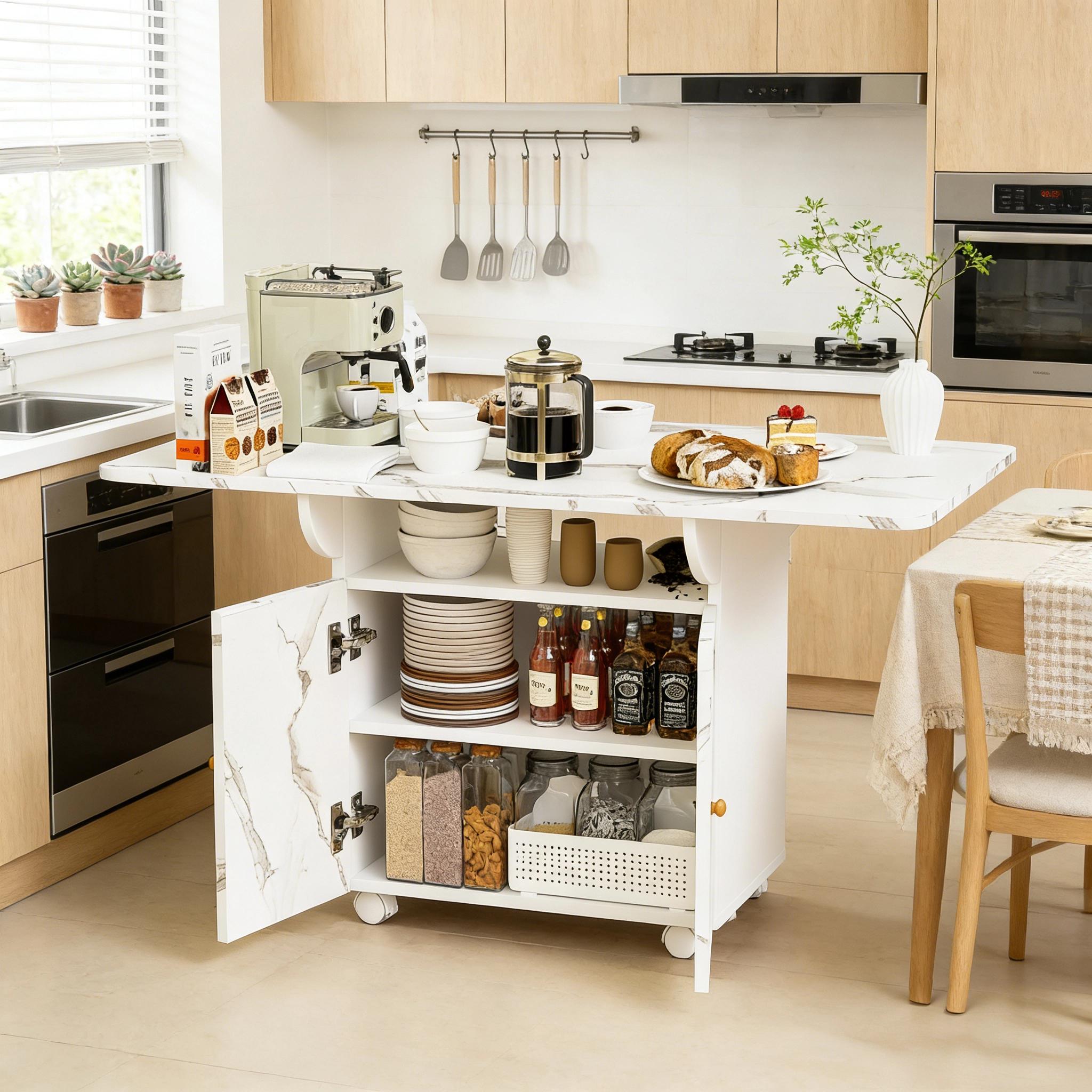 47" Folding Table with Wheels & Storage | Multi-Function Kitchen Island, Dining Table, Desk, Coffee Table & Entryway Console | Space Saving Foldable Table with Marble Top, 6 Casters & Cabinet for Small Spaces, Apartments & Home Office