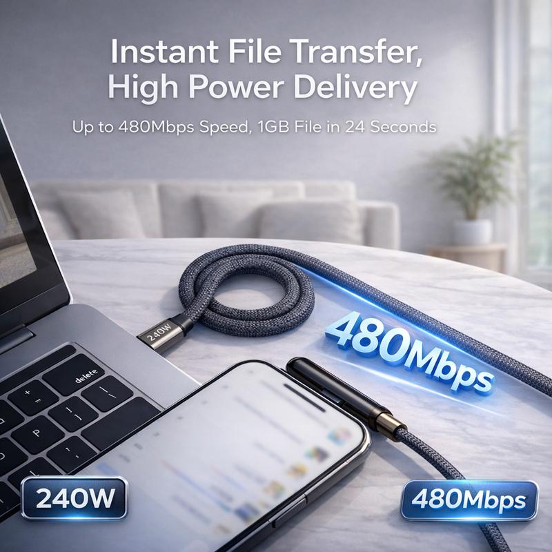 LWW 240W USB-C to USB-C Fast Charging Cable with Built-in Phone Stand, Right Angle Braided Type-C Cord for iPhone 15, iPad, MacBook, Gaming & Desk Use, PD 3.1 Durable Charger, 3-Pack