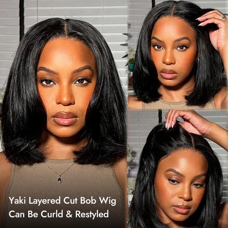 Wiggins Hair Glueless Layered Cut Yaki Straight Bob Wig 7*5 Lace Closure Wigs Human Hair Ready To Go And 99J Bob Wig Pre Plucked Beginner Friendly Wiggins Hair Glueless Layered Cut Yaki Straight Bob Wig 7*5 Lace Closure Wigs Human Hair Ready To Go And 99J Bob Wig Pre Plucked Beginner Friendly