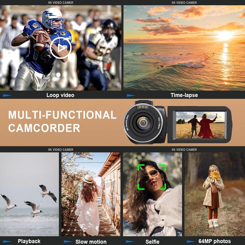 8K 64Mp Video Camera Camcorder | Ir Night Vision Vlogging Camera With 18X Zoom, Wifi, 3.0'' Touch Screen, 64Gb Sd Card, 2 Batteries, Remote Control, Mic, Stabilizer | Non, Auto Focus, Mp4 Format