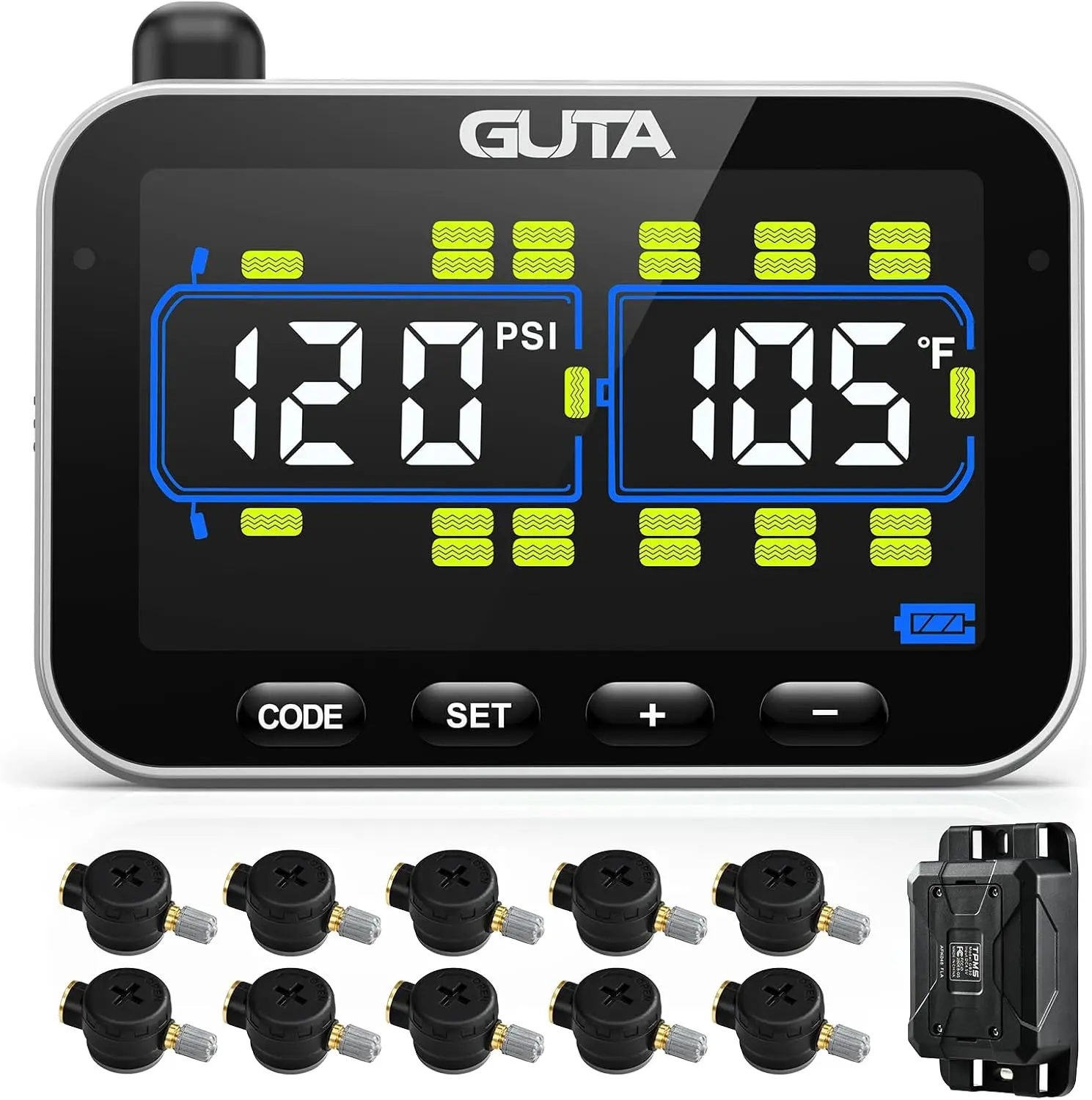 GUTA GT20 RV Tire Pressure Monitoring System, 10 Flow-Through Sensors Color LCD Display, 6 Alert Modes, Monitor Up to 24 Tires, Long-Distance Sensing, 0-188 PSI for RV, Trailer, Semi-Truck