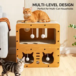Cat Scratcher House Series 3-in-1 Single & 2-Tier Double Layer Options Durable Corrugated Paper Anti-Tipping Design Enclosed Hideaway