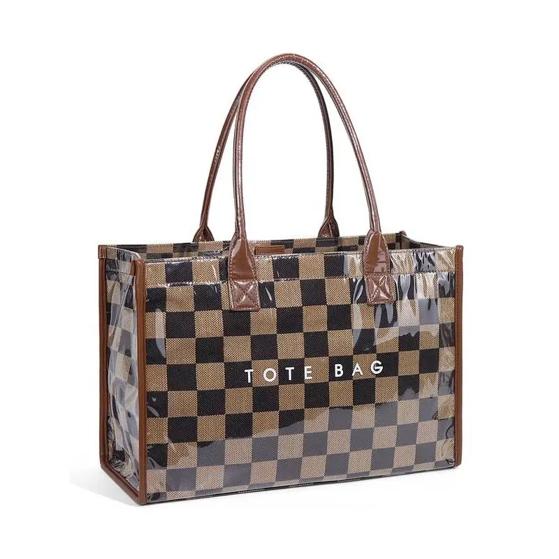 Ladies' retro checkered  tote bag, large capacity transparent waterproof handbag, daily commuting shoulder bag, casual and fashionable multifunctional work bag, can accommodate computers, water bottles, files,  suitable for weekend travel, work, study