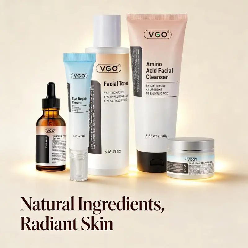 VGO 5-in-1 Daily Facial Care Kit - Travel Pack with Gentle Cleanser, VC Serum, and Lightweight Moisturizing Cream for All Skin Types