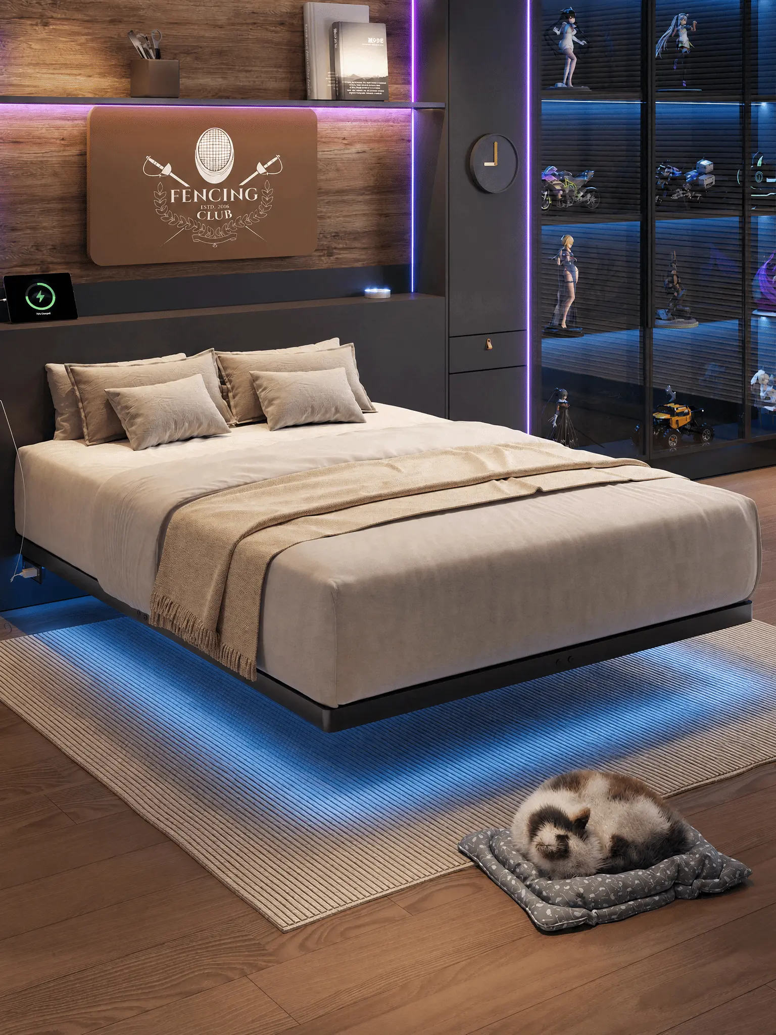 【BackToSchool】ONBRILL LED Floating Bed Frame, Full/Twin/Queen/King Bed Frame with Power Outlet, Heavy Duty Metal Platform Bed Frame, Camas Queen, Easy Assembly, No Box Spring Needed, Noise-Free, Bedroom Furniture,dorm essentials,home decor