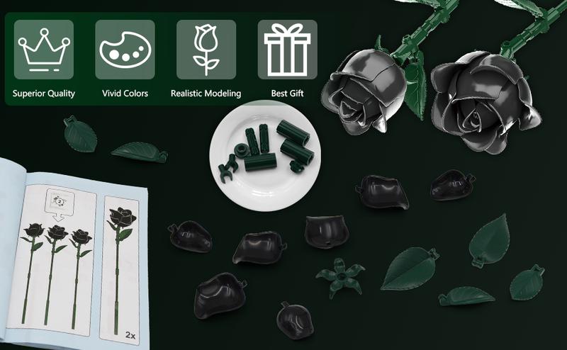585PCS Black Roses Bouquet Building Set Valentine's Day gifts Contains 12 black roses Gothic Style Artificial Flower Blocks Kit Compatible with Lego for Adults , DIY Home Decor Gift vdaygift