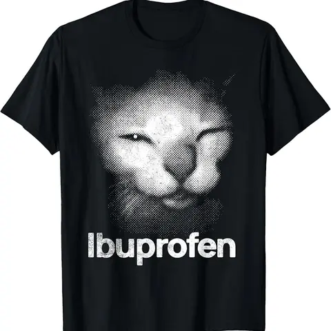 Men's 100% Cotton Well-Fitted Casual Sports Top - Unisex Short Sleeve, Humorous Ibuprofen Cat Meme Print, Soft Fabric, Plus Sizes (2XL,3XL,4XL,5XL), Cold Wash Compatible, Festival Gift for Humor Lovers