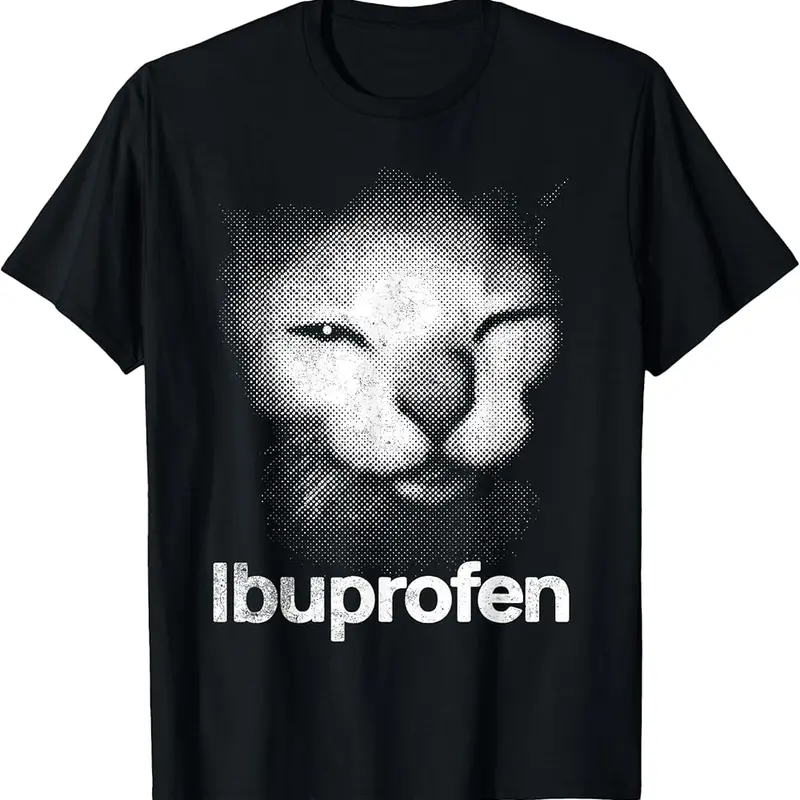 Men's 100% Cotton Well-Fitted Casual Sports Top - Unisex Short Sleeve, Humorous Ibuprofen Cat Meme Print, Soft Fabric, Plus Sizes (2XL,3XL,4XL,5XL), Cold Wash Compatible, Festival Gift for Humor Lovers