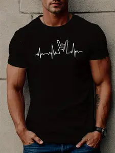 Heartbeat Rock On Graphic T-Shirt for Men - Casual Black Short Sleeve Tee with Unique Electrocardiogram Design, Soft Cotton Fabric, Perfect for Everyday Wear and Music Lovers