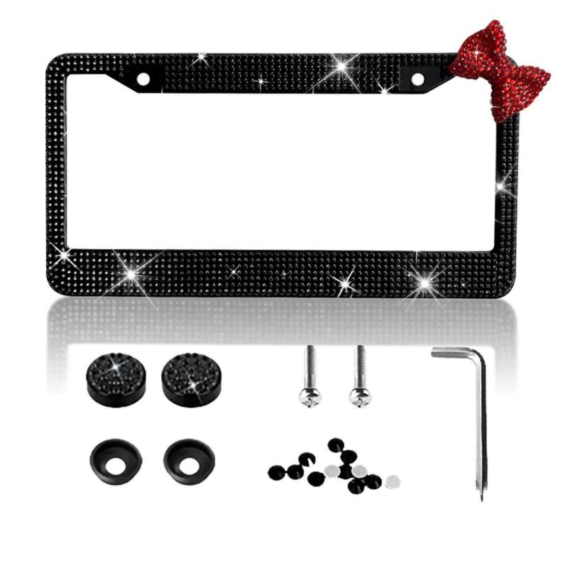 Upgrade Your Car's Look with a White Shiny Bow Tie License Plate Frame! Luxury Sparkling License Plate Frame - Black Frame with Red Bow Design, Crystal Rhinestones, Durable Shell, Easy Installation, Perfect Accessory for Women Drivers Unique customization