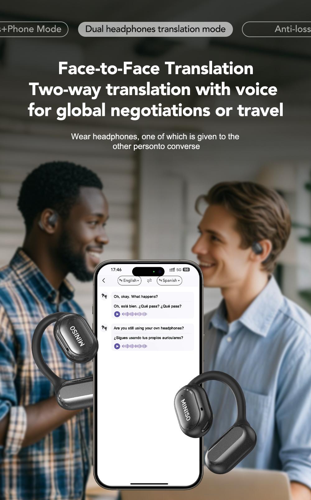 MINISO X30 OWS Translation Wireless Bluetooth Earphones Support 135 Languages Real Time Bluetooth Translation,35Hours Play time,OWS Headphones Long Distance Connection Headset with Charging Case,Light-Weight Headphones Built-in Microphone
