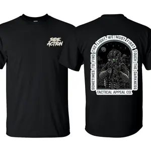 Side Action Into the Darkness Tactical Operator Graphic Tee, Night Vision Combat Soldier Design with Motivational Quote, Patriotic Military Streetwear Shirt, Gift for Veterans & Tactical Fans, Unisex Cotton Short Sleeve Casual Shirt
