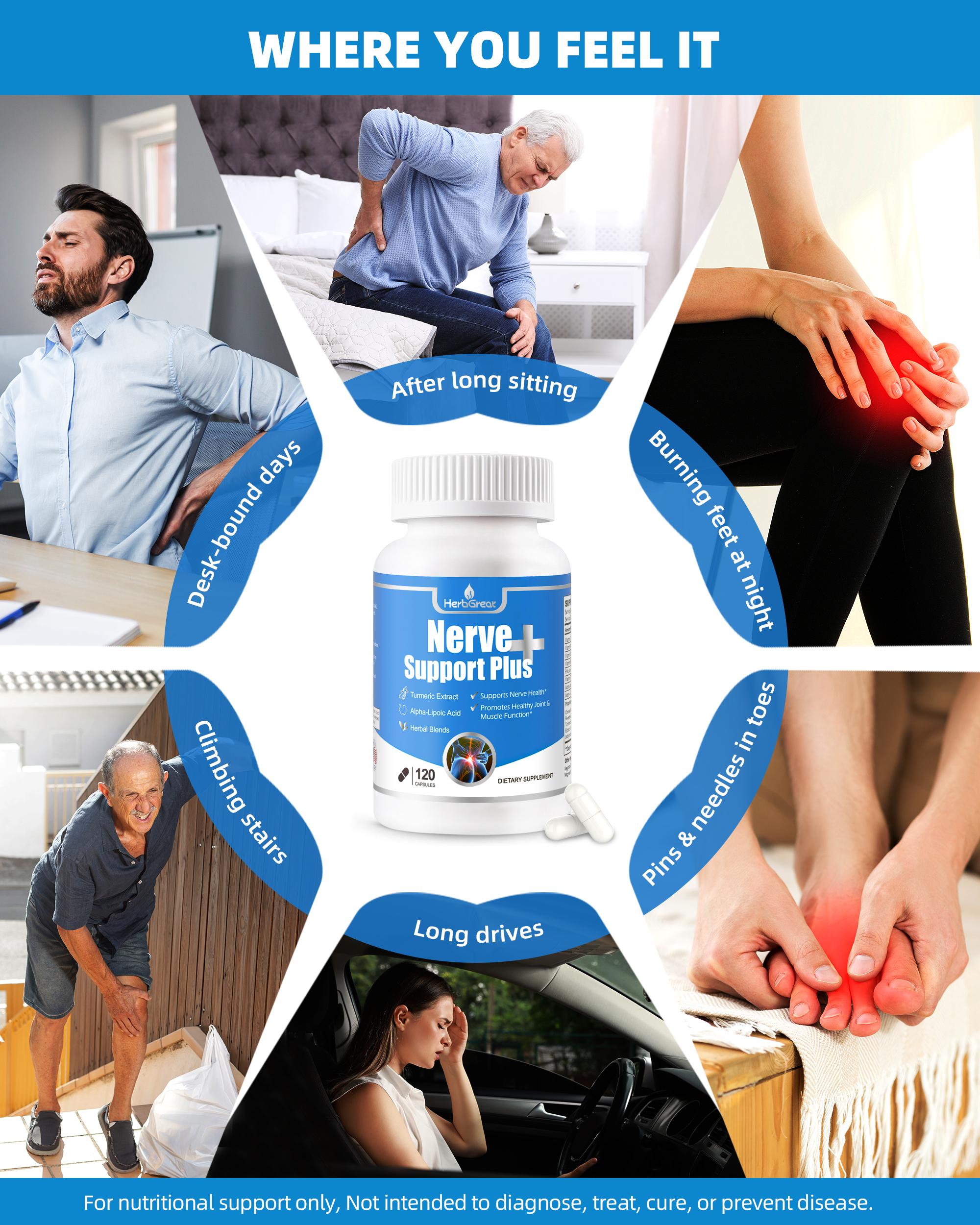 HERBGREAT Nerve Support Plus - 120 Capsules for Sciatic Nerve Health & Joint Comfort - Turmeric, Alpha Lipoic Acid, Acetyl-L-Carnitine, Vitamin C & B-Complex - USA Made - Sciatica Relief Supplement - Bone Immune Drops