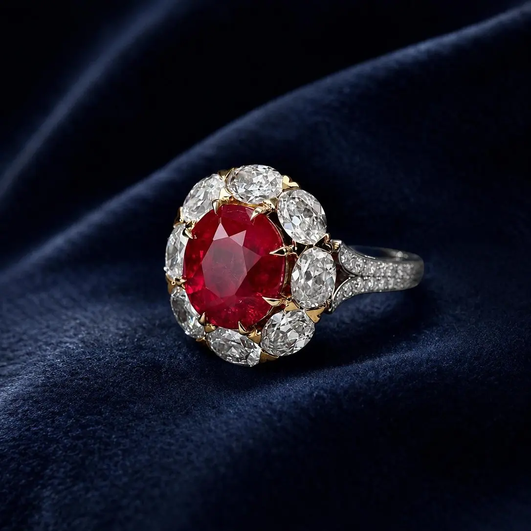 4.66 CT Oval Lab-Grown Ruby Ring with 2.535 CT Lab-Grown Diamond Halo in 18K Gold – Pigeon Blood Vivid Red, Size US 5