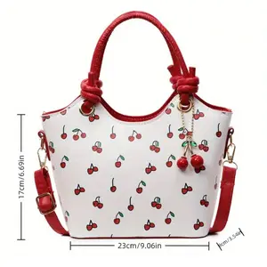 Cherry Print Tote Bag for Women – Large Capacity Commuter Handbag with Adjustable Shoulder Strap, Stylish Crossbody & Hand Carry Bag, Includes Cherry Keychain Leather Satchel
