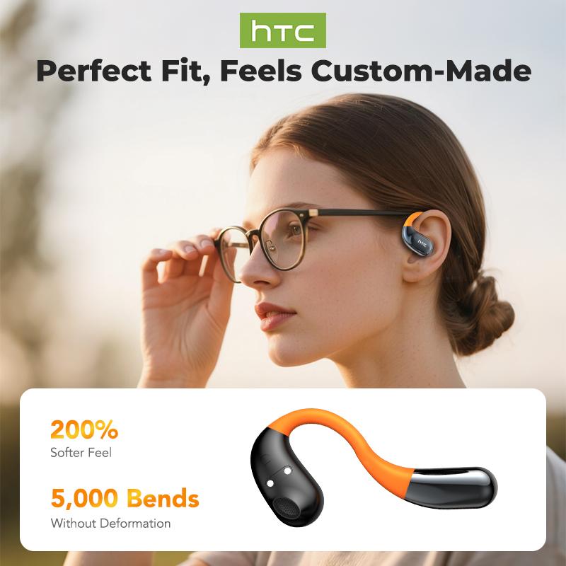 HTC Open-Ear True Wireless Bluetooth Headphones with Microphone LED Smart Controls Earbuds with Earhooks Sweat Resistant Wireless Earphones 48HRS Playtime Headsets Compatible with all Phone Glow Light Strip for Safer Night Running