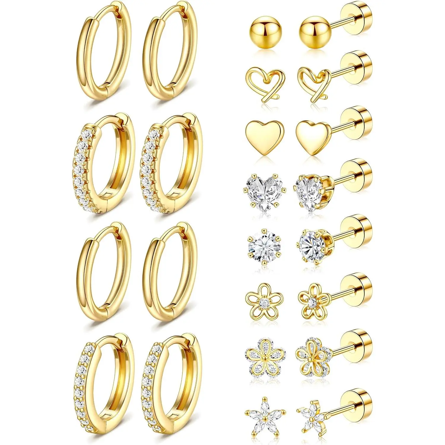 Hypoallergenic Gold Stud Earrings for Women - 14k Gold Plated Surgical Stainless Steel Flat back Earrings Set Small Huggie Hoop Flatback Earring for Sensitive Ears Screw Back Cartilage Piercing Jewelry