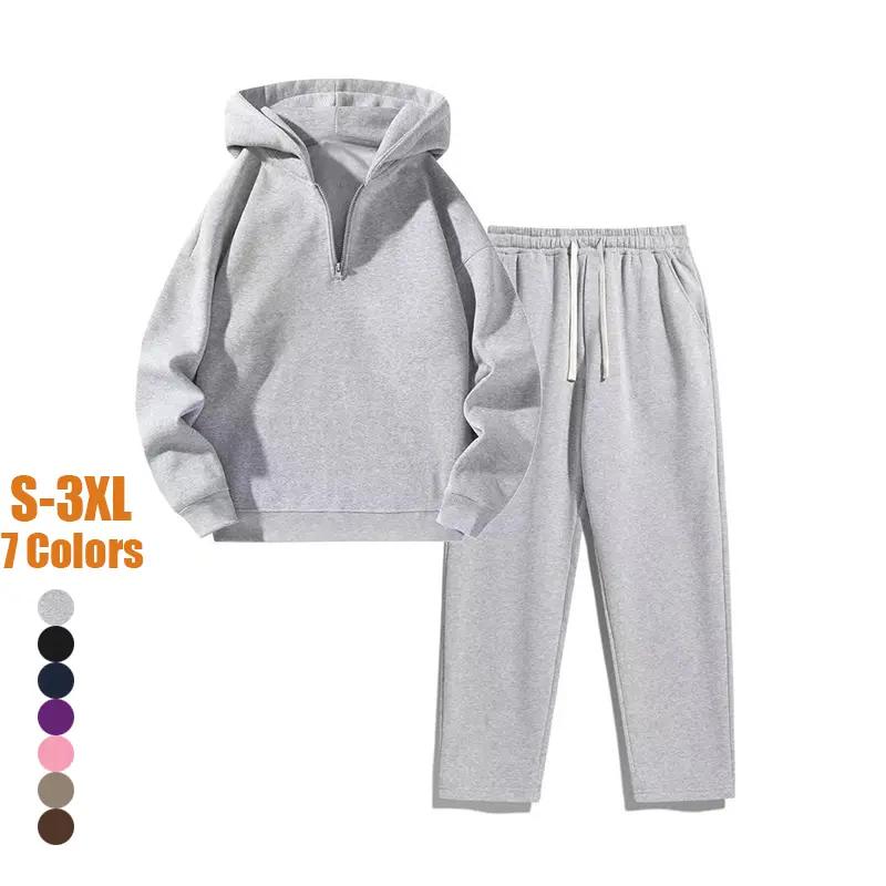 Men's Plain Two-piece Sweatsuit Set, Basic Regular Fit Casual Drop Shoulder Half Zip Hoodie & Pocket Drawstring Sweatpants, Men's Clothing