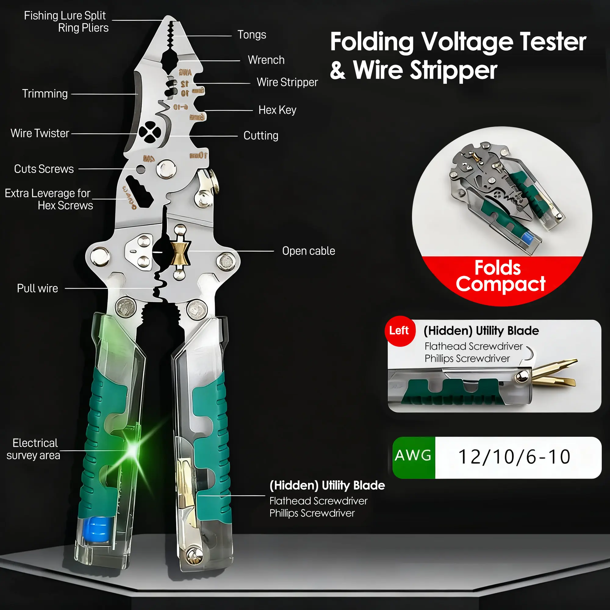 ​​16 in 1 Professional Multi - Function Pliers with Flathead & Phillips Screwdrivers, Insulated Grip, Wire Spooler, Bolt Cutter, Wire Stripper, Crimper, Hex Key Wrench, Voltage Tester, Cable Cutter, Puncture Knife, Hex Socket, Precision Wire Cutter outdoo
