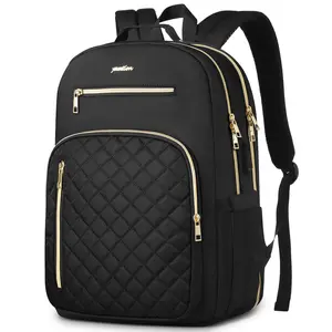 YAMTION 15" Quilted Laptop Backpack with USB Charging, Gold Hardware & Water Resistant, Large School & Business Bag for Students & Adults