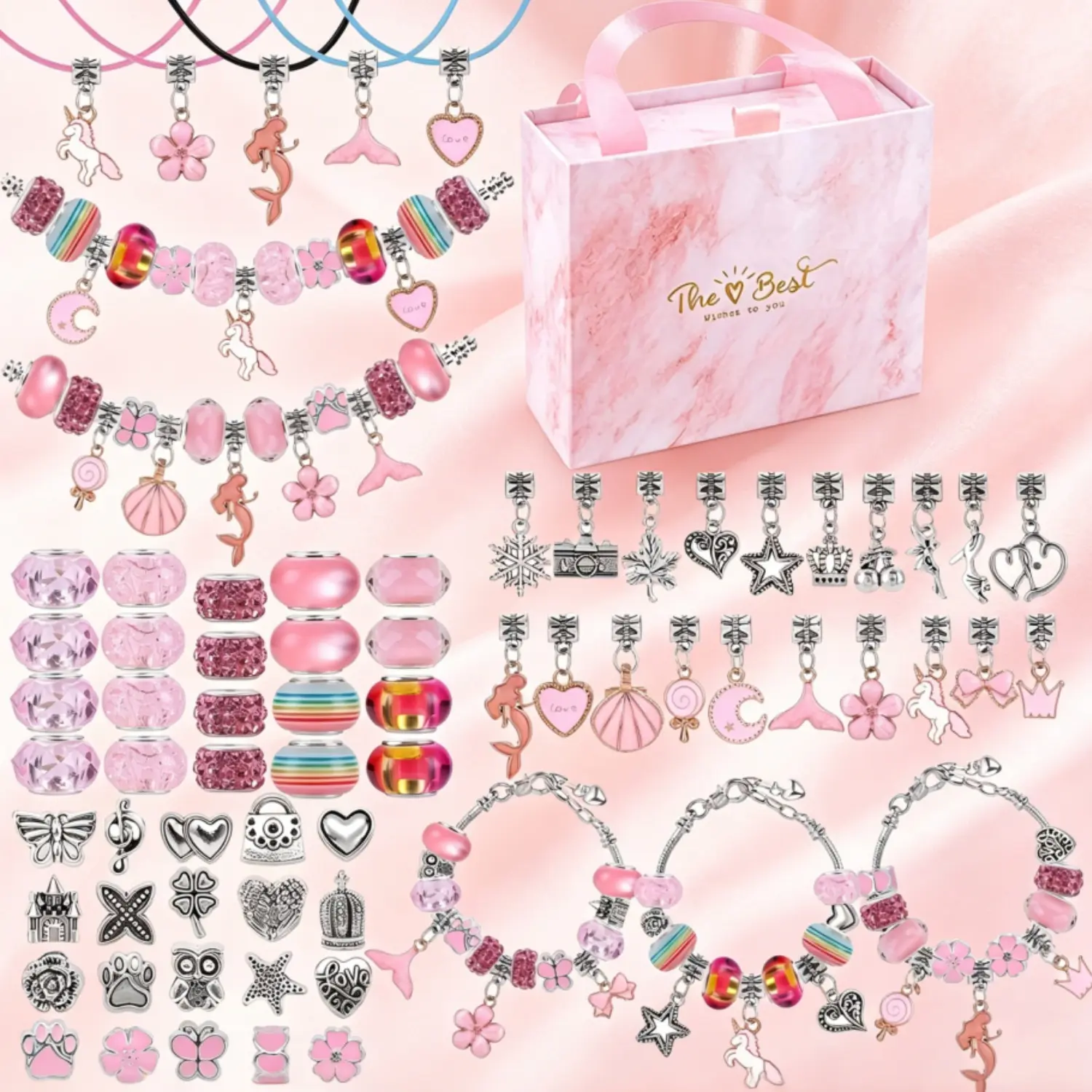67Pcs Sakura Pink Princess Themed Charm Bracelet Making Kits DIY Jewelry Making Supplies DIY Mix Beads Pendants Unicorn Accessories for Women Unique Bracelet & Necklace Craft Gift Ideal Christmas Birthday Gift for Girls Adjustable Beaded Design